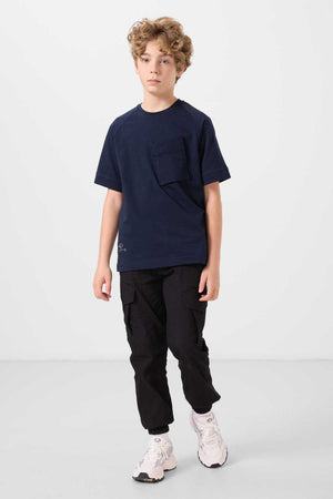 Tommylife Toptan Pamuklu Yumuşak Dokulu Oversize Cep Detaylı Erkek Çocuk T-Shirt 11295 Lacivert