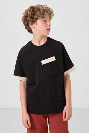 Tommylife Toptan Pamuklu Yumuşak Dokulu Oversize Cep Detaylı Erkek Çocuk T-Shirt 11295 Siyah