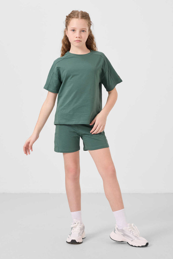 Tommylife Toptan Pamuklu Yumuşak Dokulu Standart Fit Basic Kız Çocuk Şort Takım 75184 Açık Yeşil