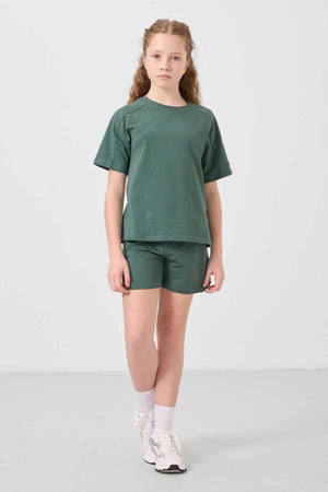Tommylife Toptan Pamuklu Yumuşak Dokulu Standart Fit Basic Kız Çocuk Şort Takım 75184 Açık Yeşil