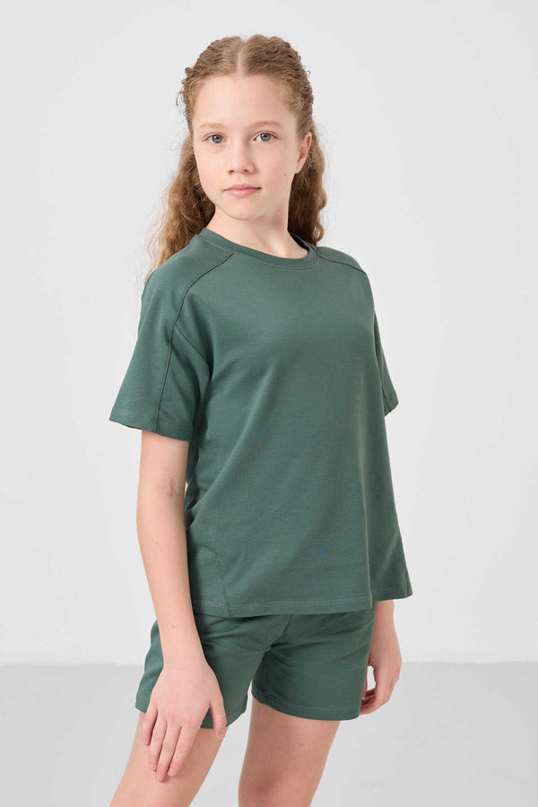 Tommylife Toptan Pamuklu Yumuşak Dokulu Standart Fit Basic Kız Çocuk Şort Takım 75184 Açık Yeşil