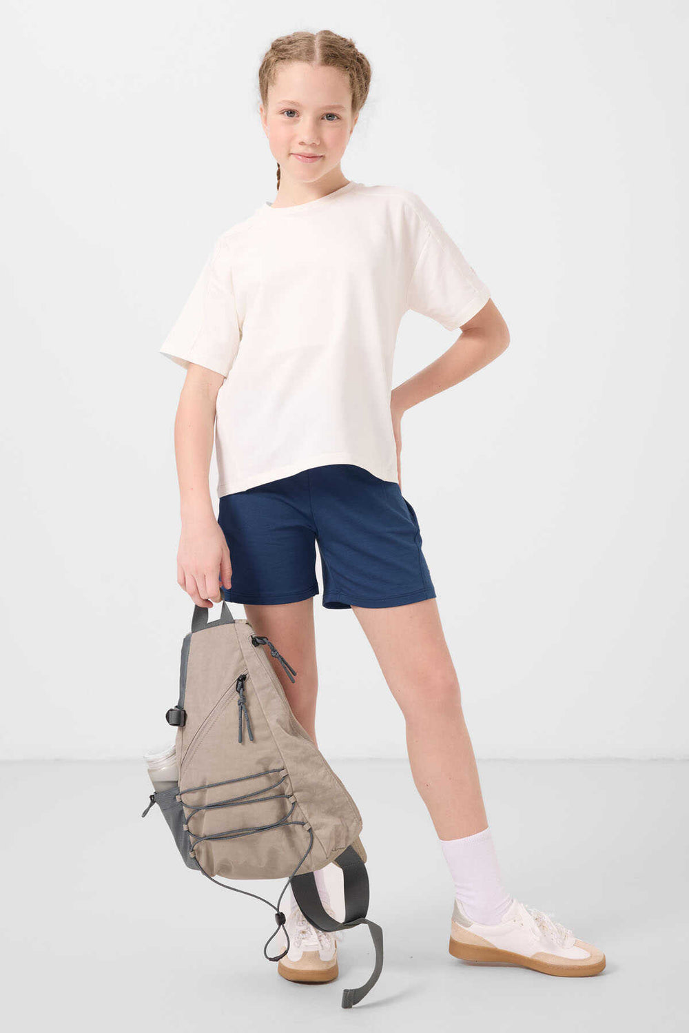 Tommylife Toptan Pamuklu Yumuşak Dokulu Standart Fit Basic Kız Çocuk Şort Takım 75184 Ekru Parlament