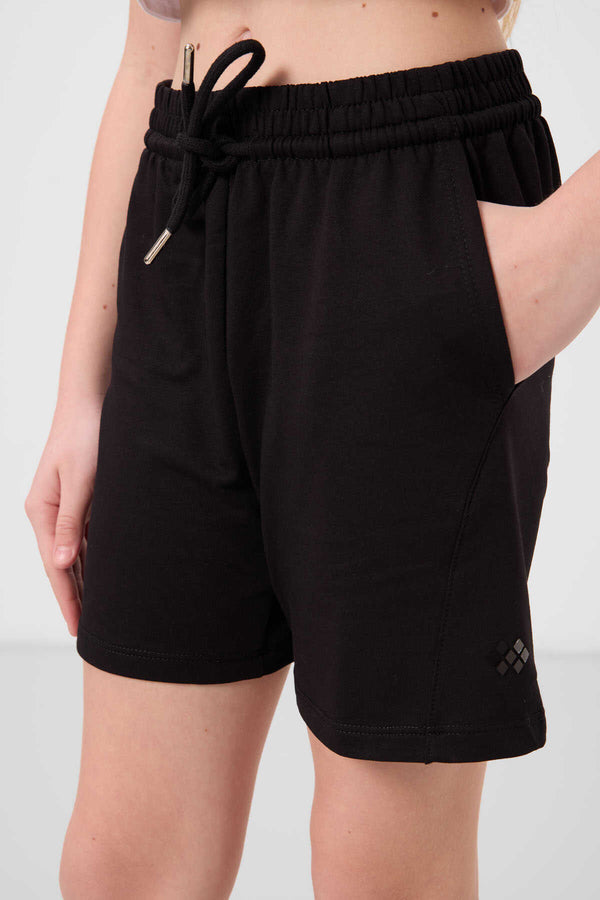 Tommylife Toptan Pamuklu Yumuşak Dokulu Standart Fit Basic Kız Çocuk Şort Takım 75184 Siyah