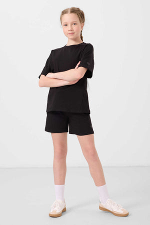 Tommylife Toptan Pamuklu Yumuşak Dokulu Standart Fit Basic Kız Çocuk Şort Takım 75184 Siyah