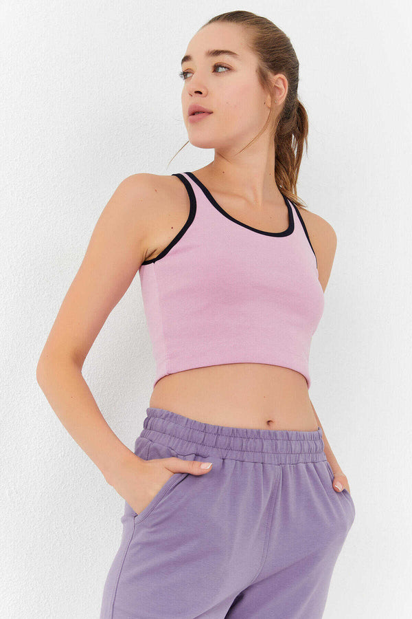 Tommylife Toptan Pembe Basic Sıfır Kol Dar Kalıp U Yaka Kadın Crop Top Atlet - 97162