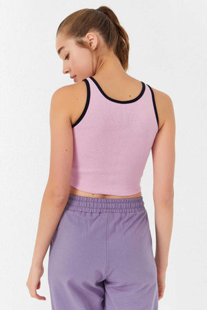 Tommylife Toptan Pembe Basic Sıfır Kol Dar Kalıp U Yaka Kadın Crop Top Atlet - 97162