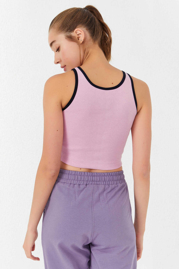 Tommylife Toptan Pembe Basic Sıfır Kol Dar Kalıp U Yaka Kadın Crop Top Atlet - 97162