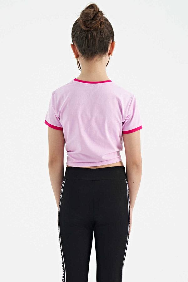 Tommylife Toptan Pembe Baskı Detaylı O Yaka Çok Renkli Bağlama Detaylı Kız Çocuk T-Shirt - 75113