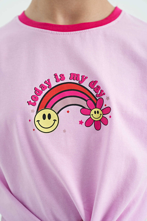 Tommylife Toptan Pembe Baskı Detaylı O Yaka Çok Renkli Bağlama Detaylı Kız Çocuk T-Shirt - 75113