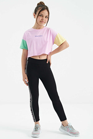 Tommylife Toptan Pembe Yazı Baskılı O Yaka Düşük Omuzlu Oversize Kız Çocuk T-Shirt - 75130