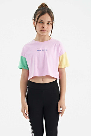 Tommylife Toptan Pembe Yazı Baskılı O Yaka Düşük Omuzlu Oversize Kız Çocuk T-Shirt - 75130