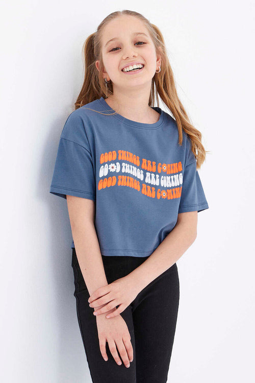 Tricou scurt Tommylife Wholesale, culoare petrol, supradimensionat, cu text colorat, imprimat, cu umeri jos, guler O, pentru fete - 75038