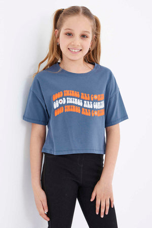 Tricou scurt Tommylife Wholesale, culoare petrol, supradimensionat, cu text colorat, imprimat, cu umeri jos, guler O, pentru fete - 75038