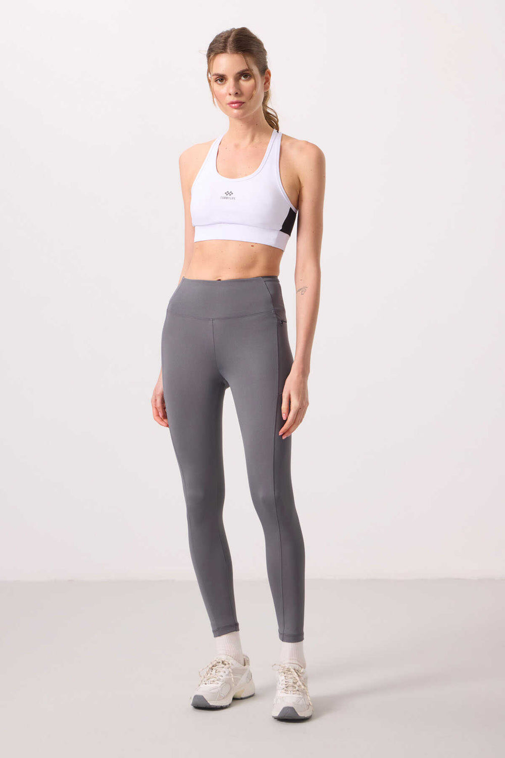 Tommylife Toptan Polyester Esnek Standart Fit Performans Kadın Tayt - 94667 Koyu Gri