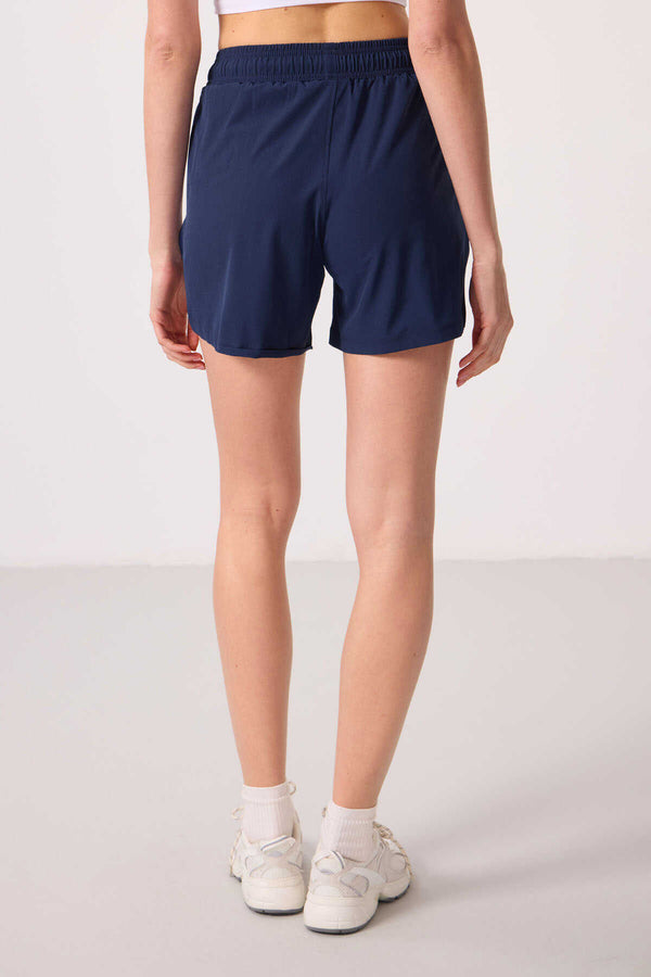 Tommylife Toptan Polyester Gizli Cep Fermuarlı Rahat Form Kadın Şort - 91014 İndigo