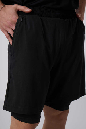 Tommylife Toptan Polyester Standart Kalıp Erkek Taytlı Şort 81287 Siyah