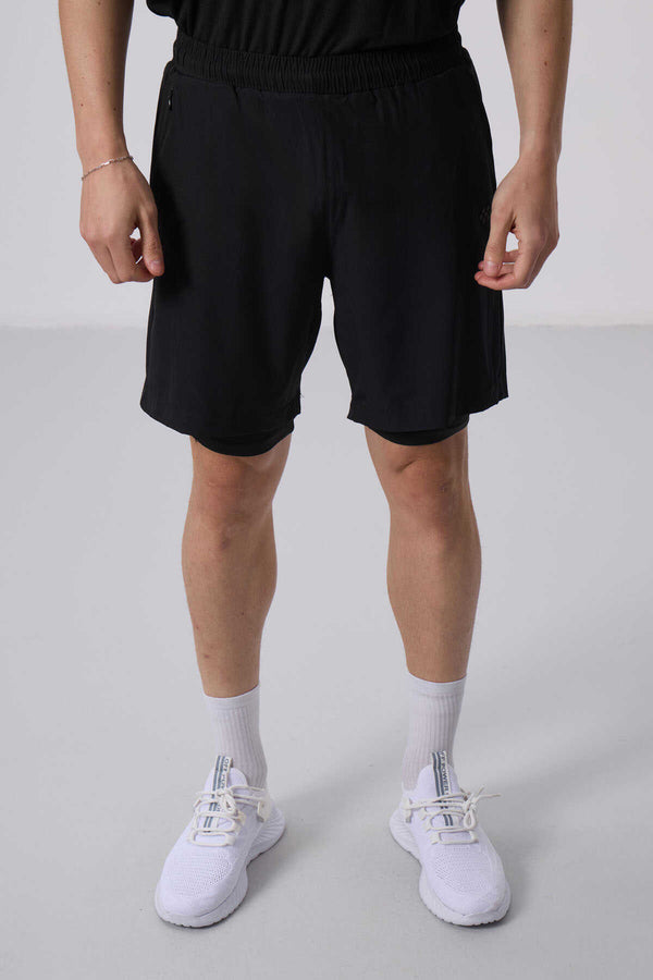 Tommylife Toptan Polyester Standart Kalıp Erkek Taytlı Şort 81287 Siyah