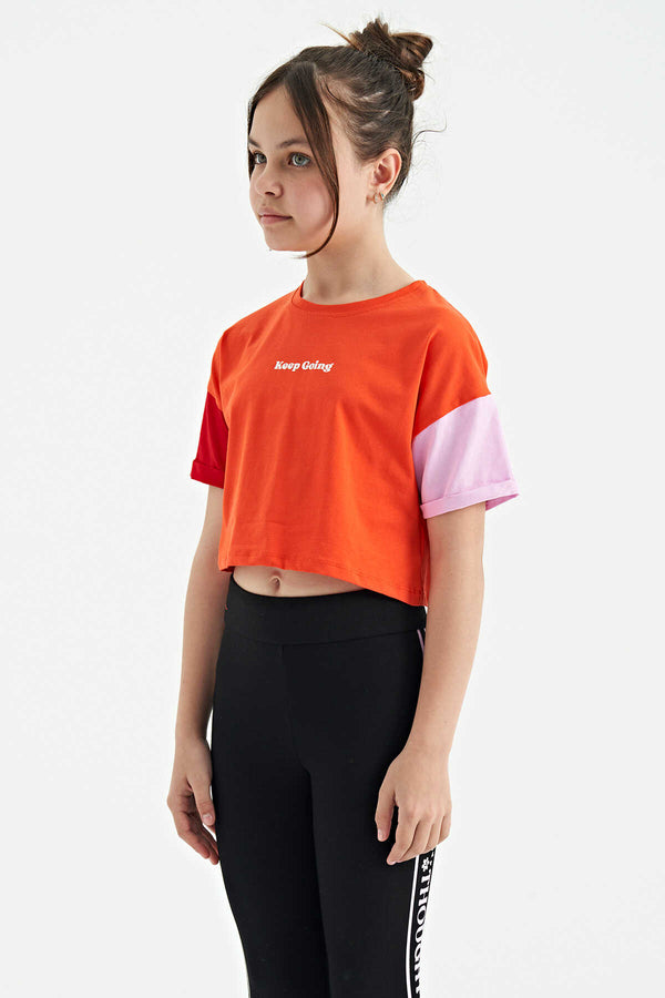 Tommylife Toptan Portakal Yazı Baskılı O Yaka Düşük Omuzlu Oversize Kız Çocuk T-Shirt - 75130