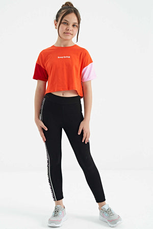 Tommylife Toptan Portakal Yazı Baskılı O Yaka Düşük Omuzlu Oversize Kız Çocuk T-Shirt - 75130