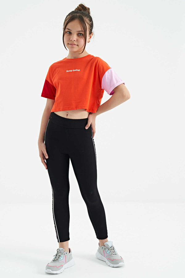 Tommylife Toptan Portakal Yazı Baskılı O Yaka Düşük Omuzlu Oversize Kız Çocuk T-Shirt - 75130