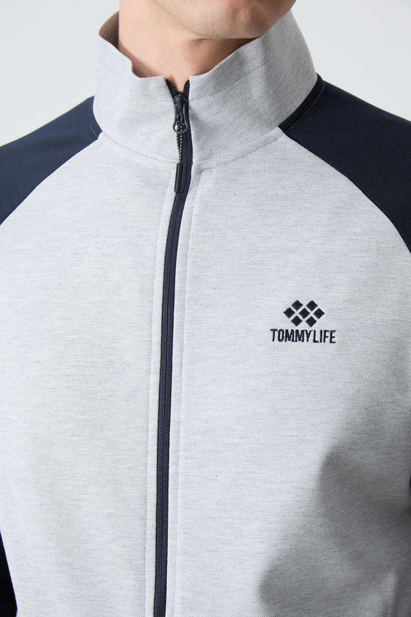 Tommylife Toptan Rahat Kalıp Dik Yaka Klasik Paça Erkek Eşofman Takımı 85113 Gri - Lacivert