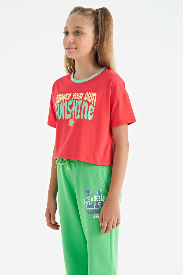 Tommylife Toptan Rose Renkli Yazı Baskılı O Yaka Oversize  Kısa Kollu Kız Çocuk T-Shirt - 75111