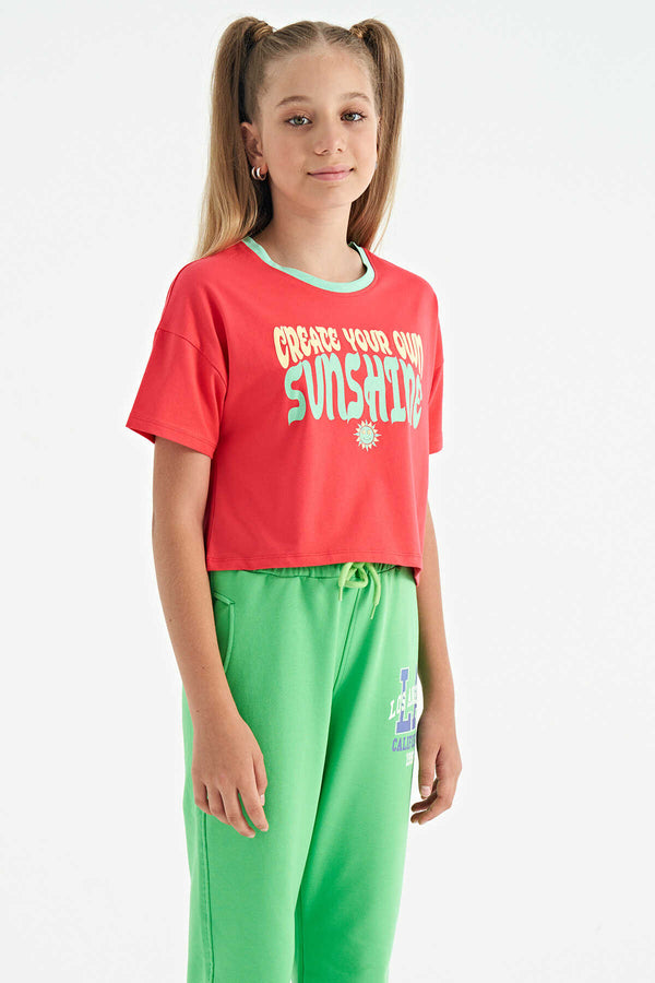 Tommylife Toptan Rose Renkli Yazı Baskılı O Yaka Oversize  Kısa Kollu Kız Çocuk T-Shirt - 75111