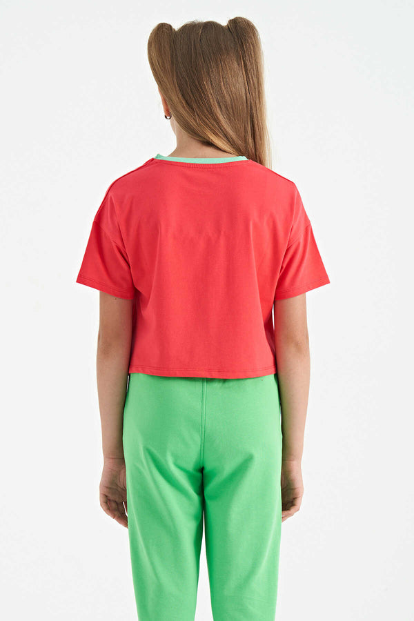 Tommylife Toptan Rose Renkli Yazı Baskılı O Yaka Oversize  Kısa Kollu Kız Çocuk T-Shirt - 75111
