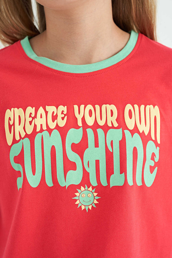 Tommylife Toptan Rose Renkli Yazı Baskılı O Yaka Oversize  Kısa Kollu Kız Çocuk T-Shirt - 75111