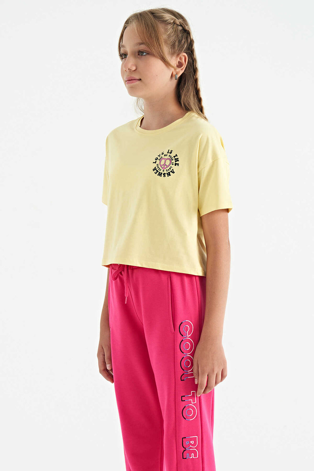 Tommylife Toptan Sarı Ön Arka Baskılı O Yaka Düşük Omuz Oversize Kısa Kollu Kız Çocuk T-Shirt - 75126