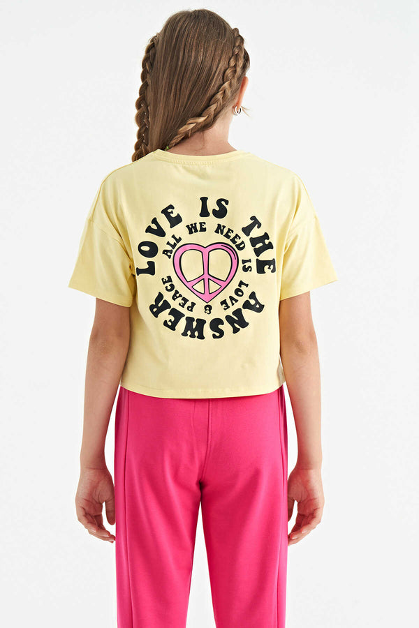 Tommylife Toptan Sarı Ön Arka Baskılı O Yaka Düşük Omuz Oversize Kısa Kollu Kız Çocuk T-Shirt - 75126