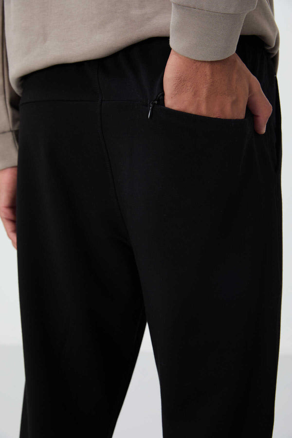 Tommylife Toptan Siyah Bağcıklı Cepli Standart Kalıp Klasik Paça Erkek Eşofman Alt - 84682