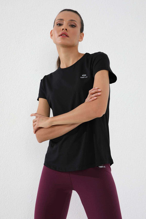 Tricou damă Tommylife Wholesale, negru, cu mânecă scurtă, croială standard, guler rotund - 97144