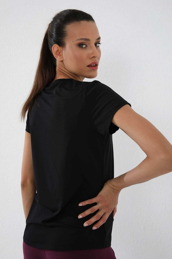 Tricou damă Tommylife Wholesale, negru, cu mânecă scurtă, croială standard, guler rotund - 97144