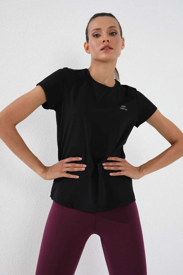 Tommylife Toptan Siyah Basic Kısa Kol Standart Kalıp O Yaka Kadın T-Shirt - 97144