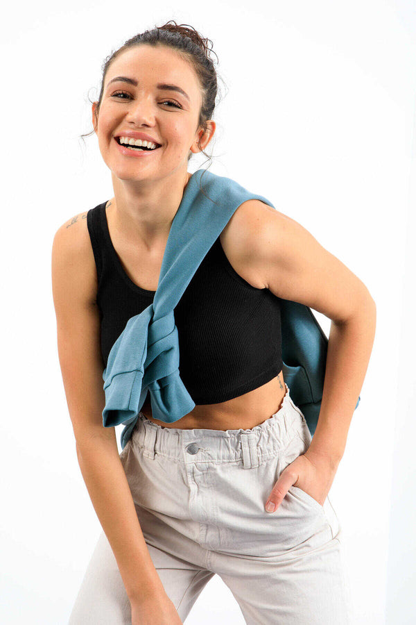 Tommylife Toptan Siyah Basic Sıfır Kol Dar Kalıp U Yaka Kadın Crop Top Atlet - 97160