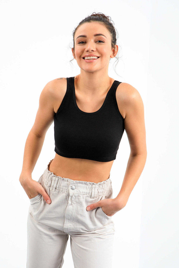 Tommylife Toptan Siyah Basic Sıfır Kol Dar Kalıp U Yaka Kadın Crop Top Atlet - 97160