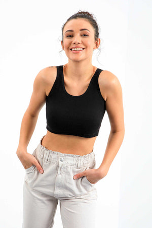 Maiou scurt pentru femei, fără mâneci, croială slim fit, cu decolteu în U, Tommylife Wholesale, negru - 97160