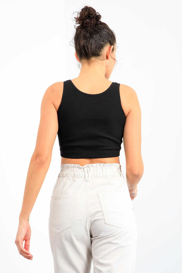 Maiou scurt pentru femei, fără mâneci, croială slim fit, cu decolteu în U, Tommylife Wholesale, negru - 97160