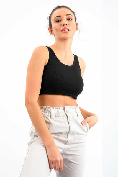 Tommylife Toptan Siyah Basic Sıfır Kol Dar Kalıp U Yaka Kadın Crop Top Atlet - 97160