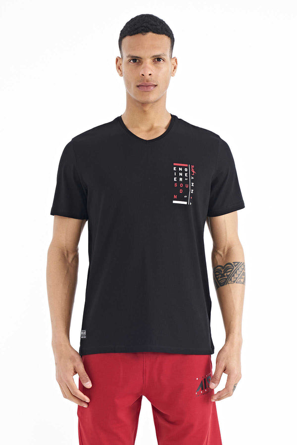 Tommylife Toptan Siyah Baskı Detaylı V Yaka Standart Kalıp Erkek T-Shirt - 88186