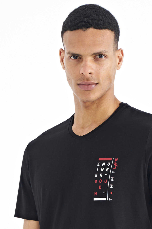 Tommylife Toptan Siyah Baskı Detaylı V Yaka Standart Kalıp Erkek T-Shirt - 88186