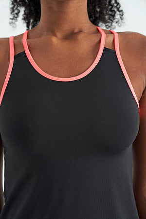 Tommylife Toptan Siyah Çift Askılı Sırt Detaylı Standart Kalıp Kadın Spor Atlet - 97258