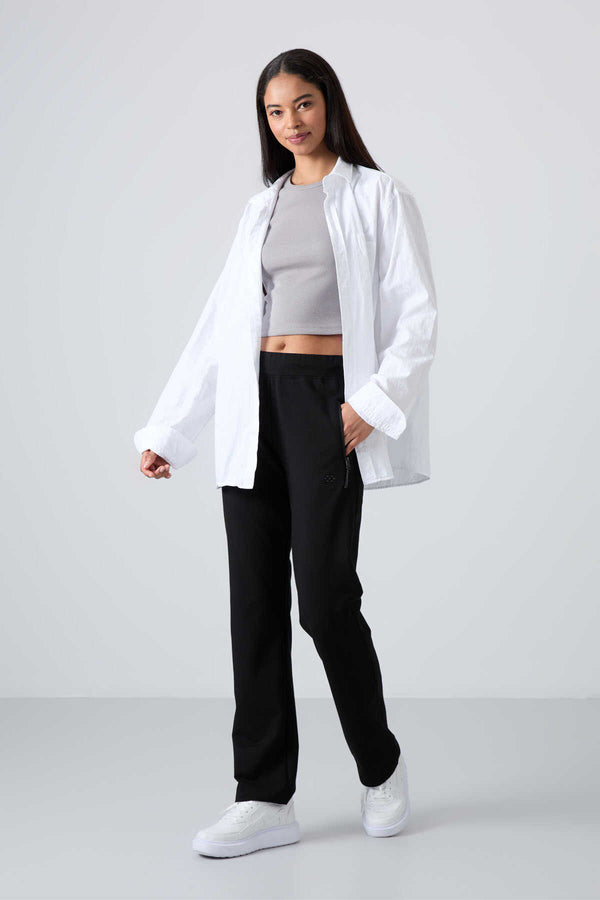 Pantaloni de trening negri pentru femei Tommylife Wholesale cu buzunare cu fermoar, croială confortabilă, model clasic pe picior - 94195