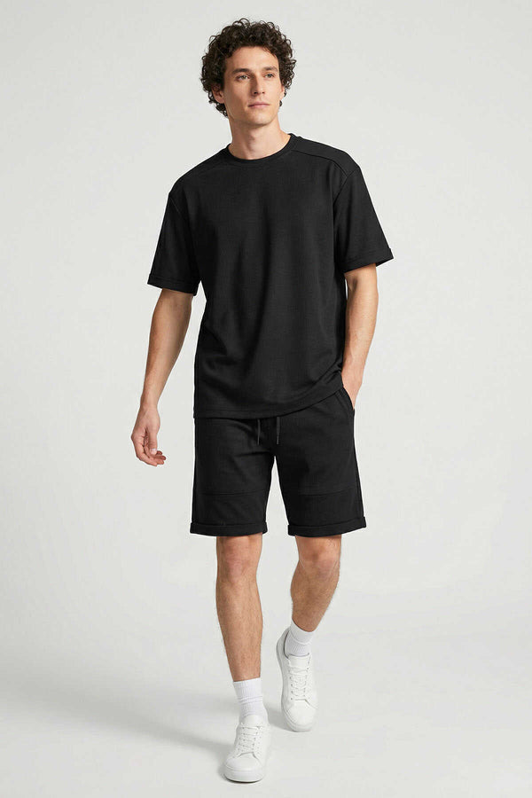 Tommylife Toptan Siyah Oversize Fit Yumuşak Dokulu Basic Erkek Şort Takım - 85274
