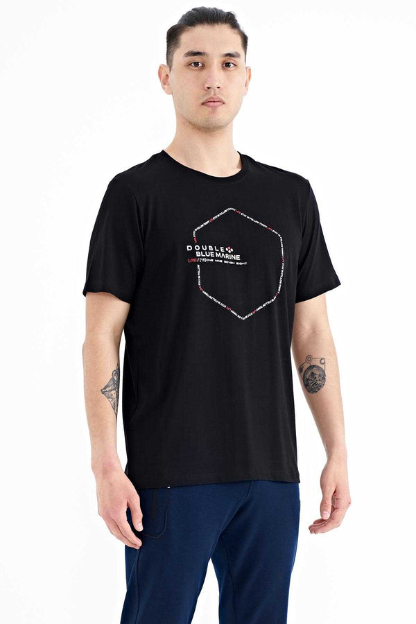 Tommylife Toptan Siyah Yazı Geometri Baskılı Standart Kalıp Erkek T-Shirt - 88198
