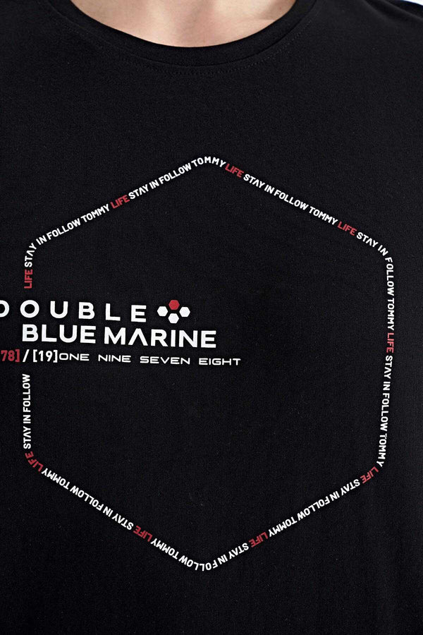Tommylife Toptan Siyah Yazı Geometri Baskılı Standart Kalıp Erkek T-Shirt - 88198