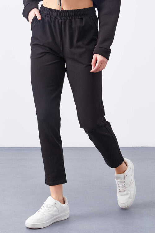 Pantaloni de trening negri cu talie înaltă, Tommylife, en-gros, pentru femei, cu croială confortabilă, slim fit - 94566