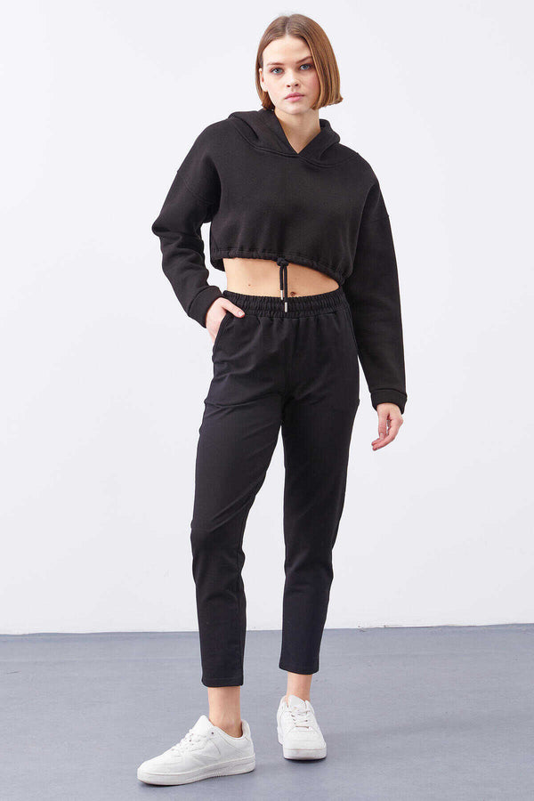 Pantaloni de trening negri cu talie înaltă, Tommylife, en-gros, pentru femei, cu croială confortabilă, slim fit - 94566