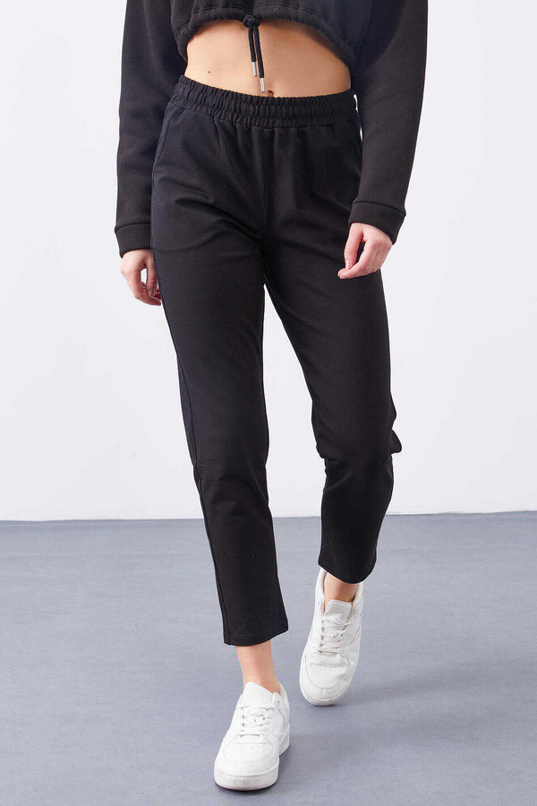 Pantaloni de trening negri cu talie înaltă, Tommylife, en-gros, pentru femei, cu croială confortabilă, slim fit - 94566